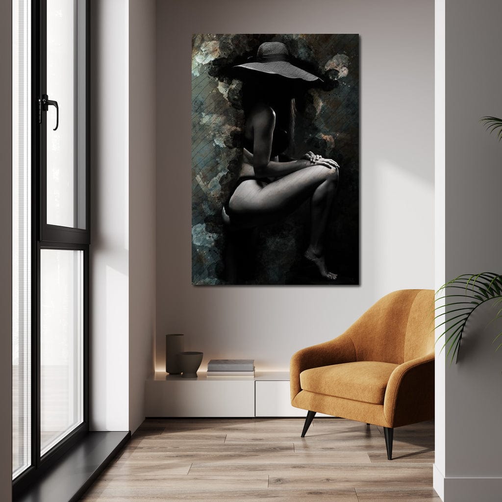 Tablou Canvas Premium LuxCanva® G1017, Sub Palaria Misterului , Palarie, Silueta, Umbra, Dorinta, Senzualitate, Feminitate, Eleganta, Living, Dormitor, Culori vibrante