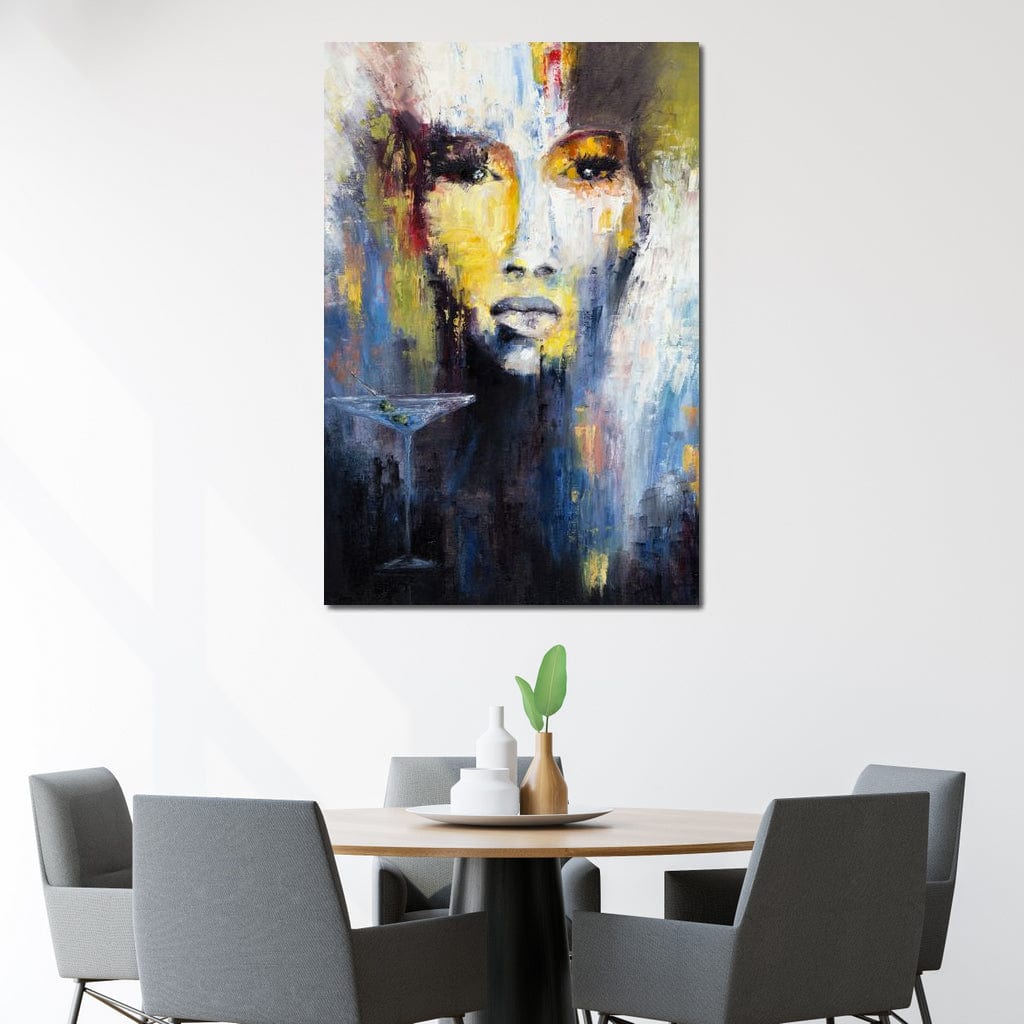 Tablou Canvas Premium, LuxCanva® G1084, Femeia cu Martini, Bautura, Pahar, Retaurant, Cocktail, Enigmatica, Abstract, Petrecere, Living, Dormitor