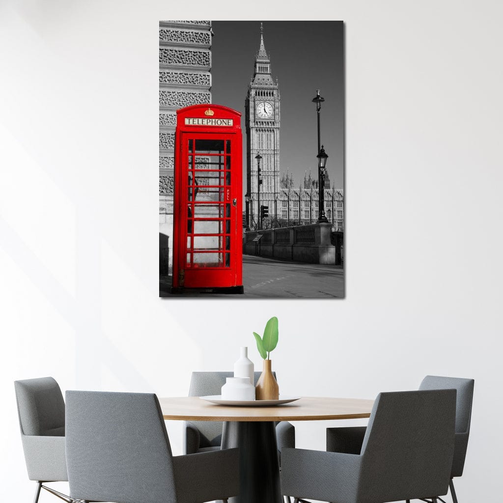 Tablou Canvas Premium, LuxCanva® O1038, Fereastra spre Londra, Britanic, Big Ben, Cabina Telefon, Londra, Capitala, Monarhie, Calatorie, Arhitectura, Traditie, Istorie, Rosu, Birou, Living, Dormitor