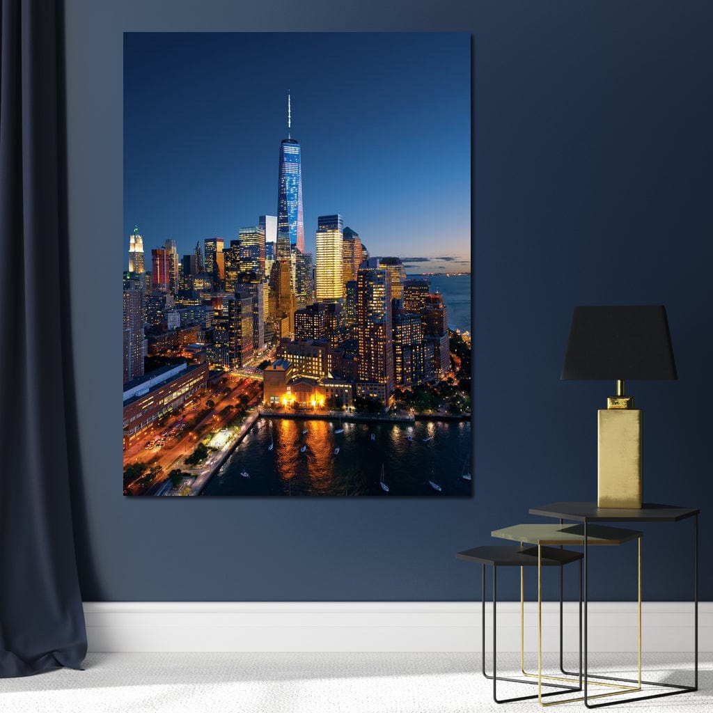 Tablou Canvas Premium, LuxCanva® O1058, Fantasticul Manhattan, Metropola, Lumini, Noapte, Sticla, Modernism, Vibratie, Skyline, Orizont, Apus, Stele, Cer, Infinit, Otel, Apa, Birou, Living, Dormitor