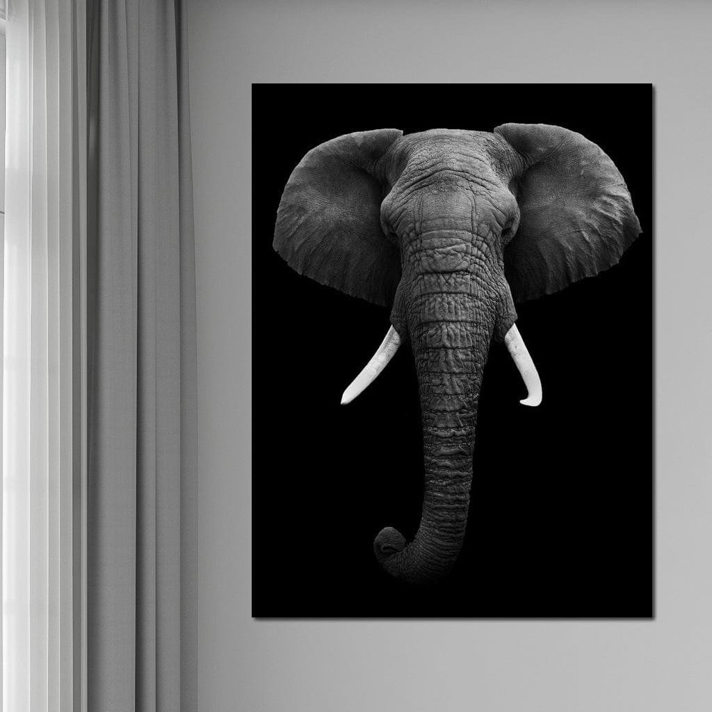 Tablou Canvas Premium, LuxCanva® M1310, Axa Puterii, Alb si Negru, Portret, Impunator, Realist, Elefant, Colti, Trompa, Animal, Simplitate, Vertical, Birou, Living, Camera Copil