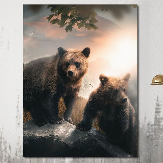 tablou canvas cu doi ursi pe o stanca, sub crengi de copac la apus