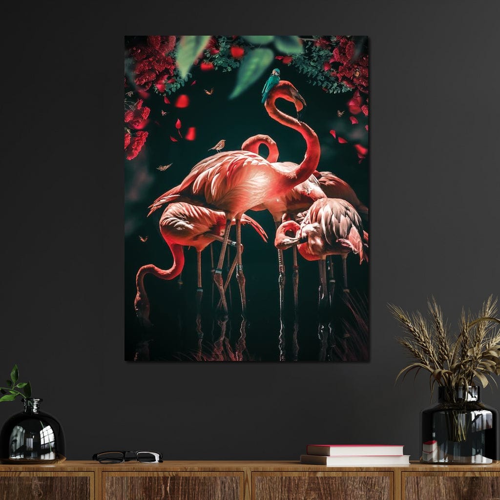 tablou canvas cu flamingo roz intr-o padure exotica, alaturi de fluturi si pasari