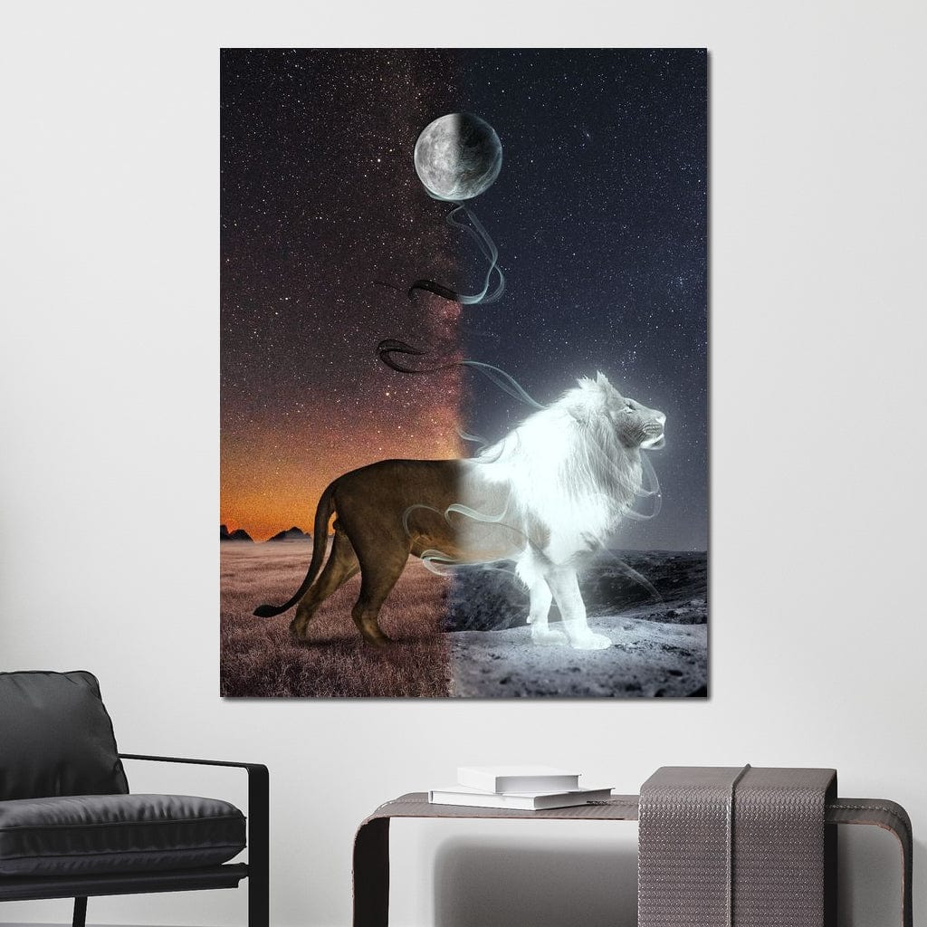tablou canvas cu un leu in dualitate, pe fundal cosmic cu stele si luna plina