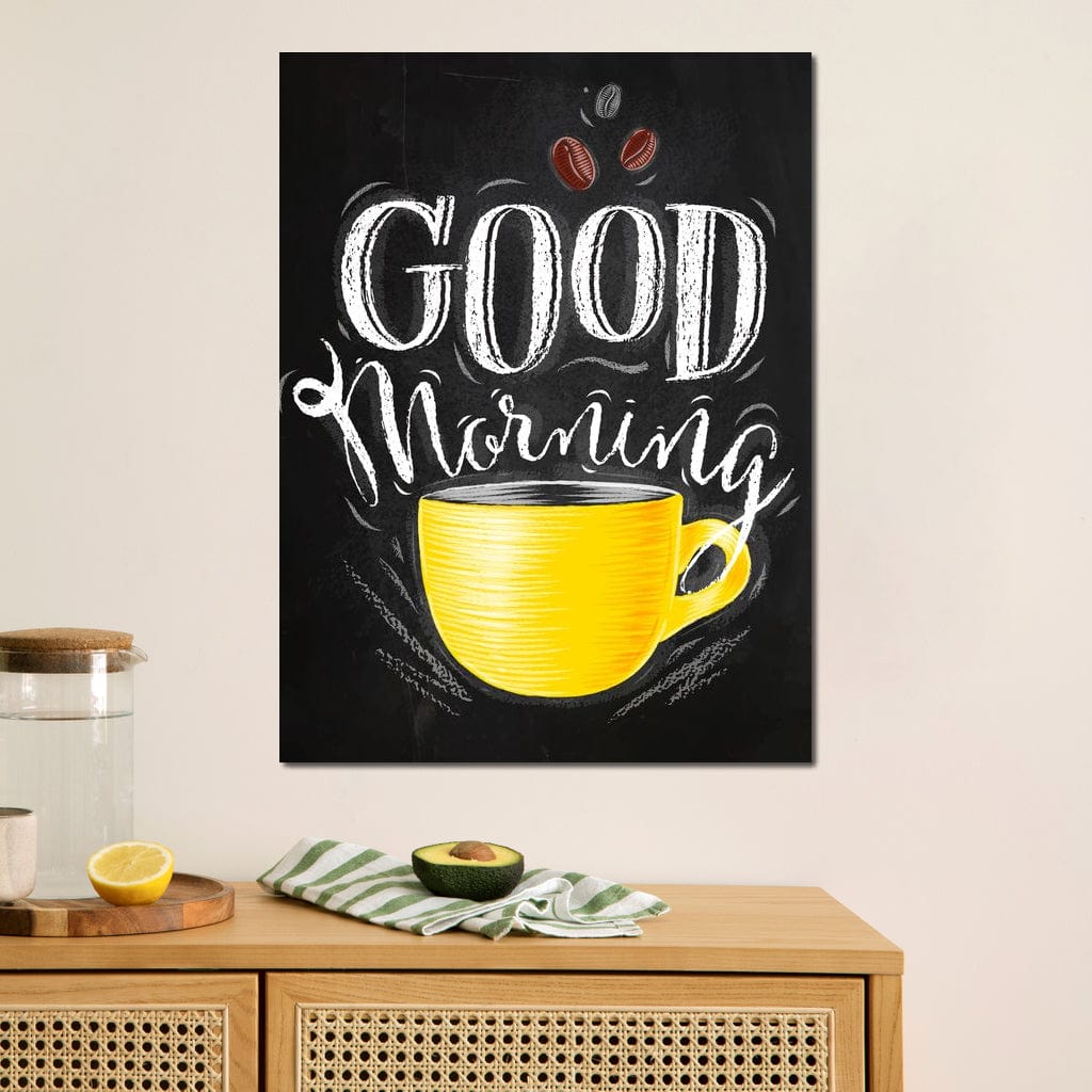 tablou canvas cu o ceasca de cafea galbena, un mesaj text alb pe fundal negru