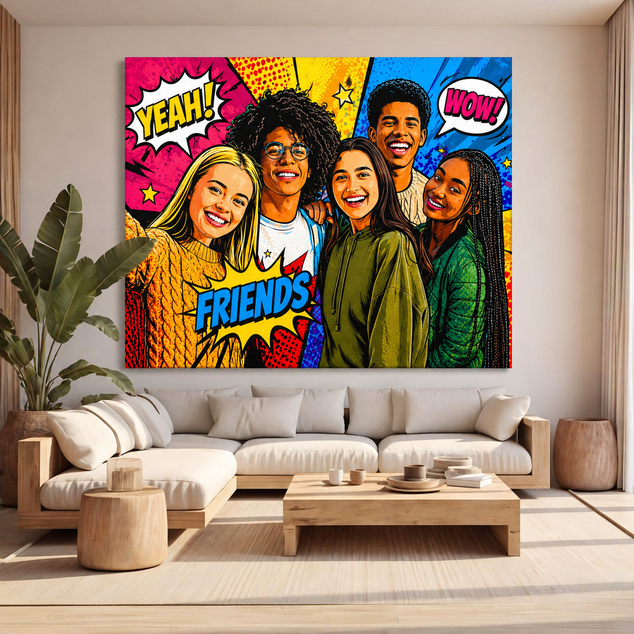 Imagine cu ilustratie digitala pop art cu tineri zambitori, tiparita pe panza canvas