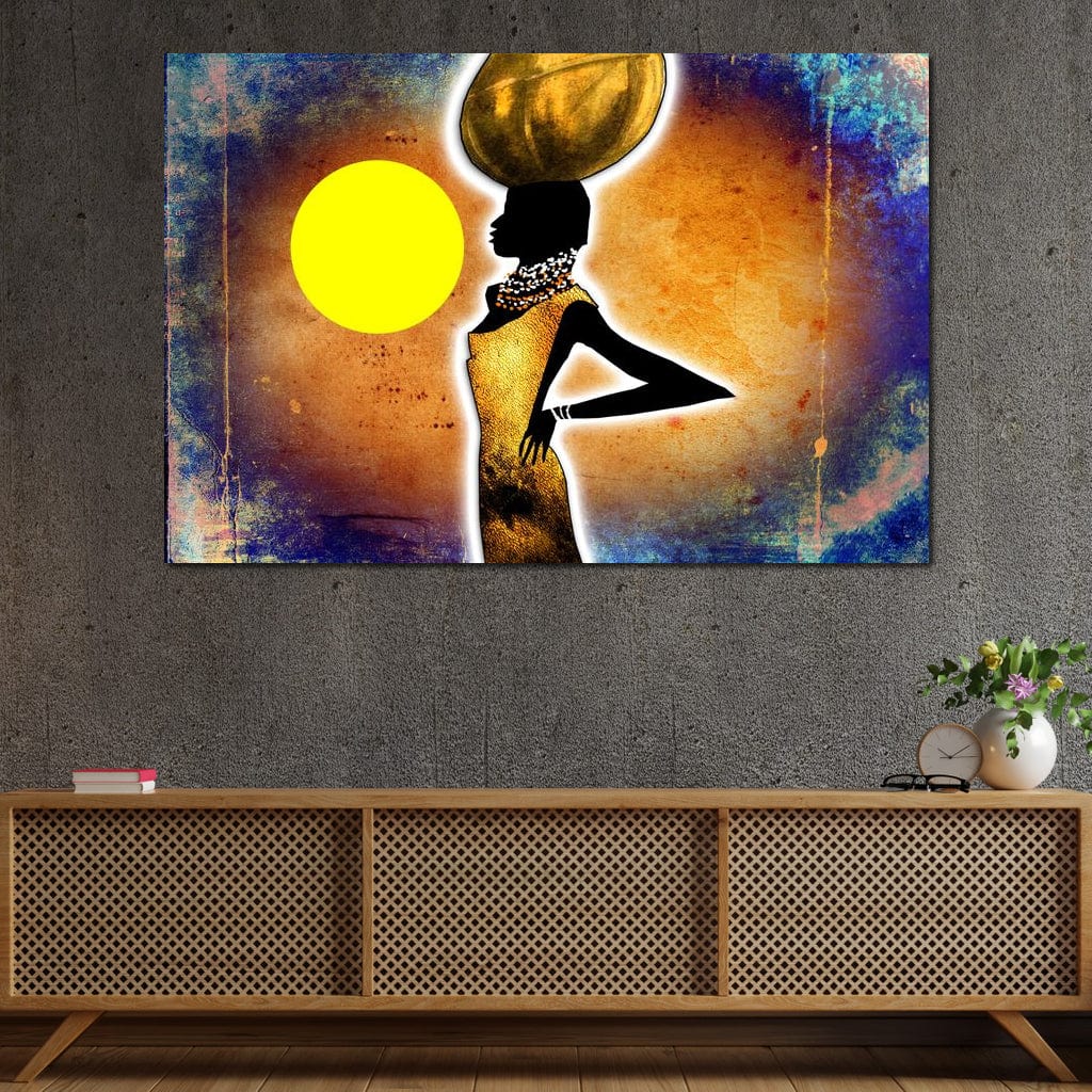 Tablou Canvas Premium LuxCanva® GL1071, Femeia Solara , Soare, Galben, Bijuterii, Apus, Aur, Silueta, Gratie, Trib, Colier, Traditie, Living, Dormitor