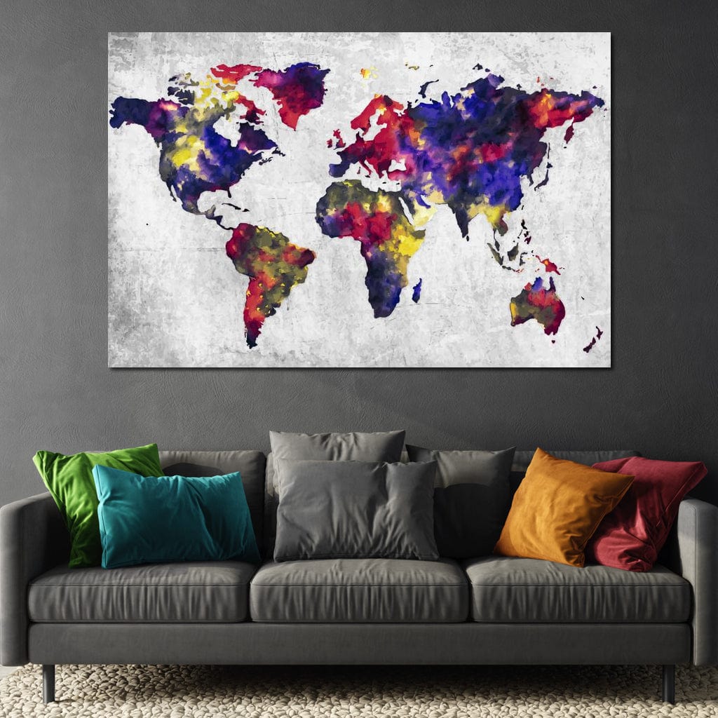 tablou canvas cu harta lumii in paleta de culori stil acuarela