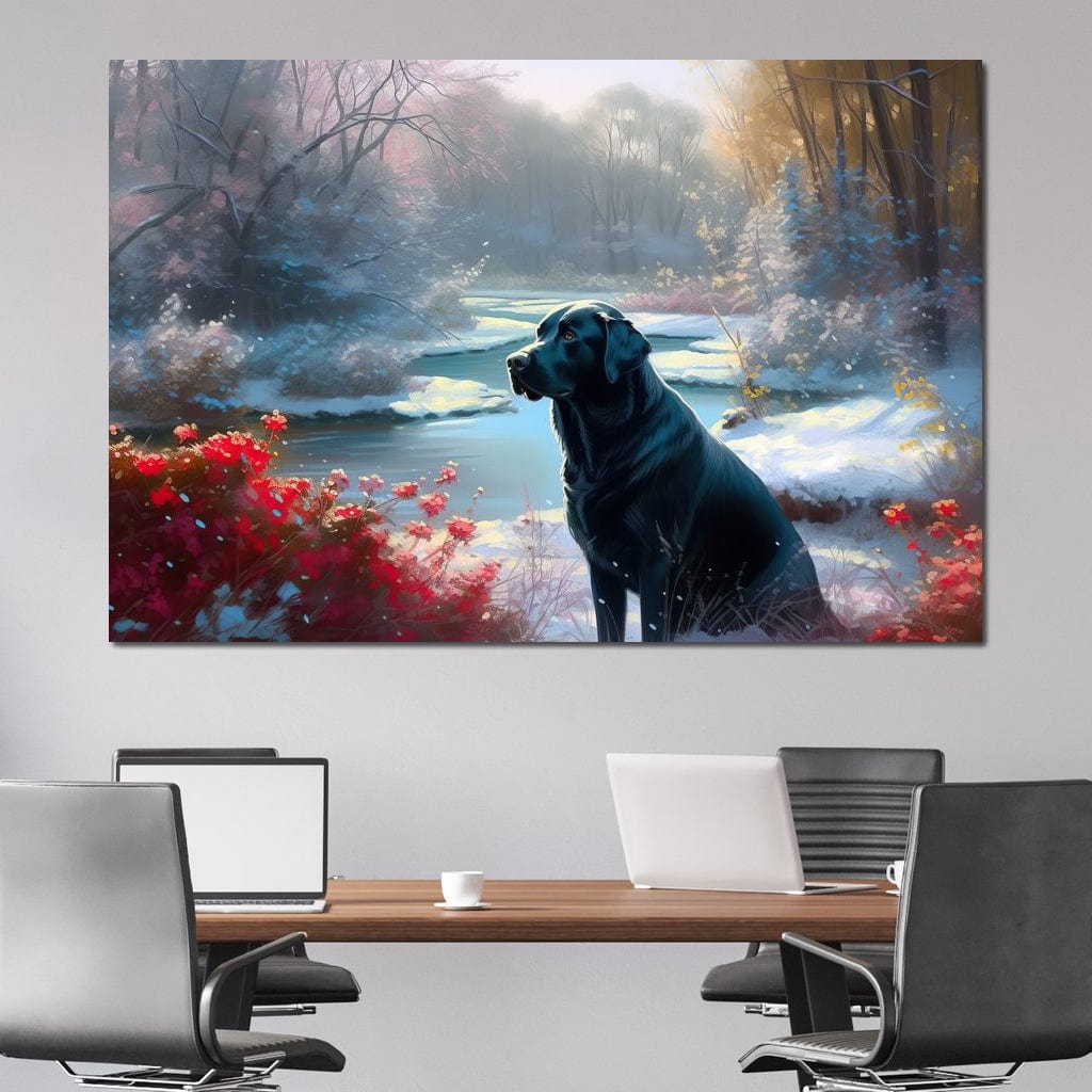 tablou canvas cu un labrador negru intr-un peisaj de iarna feeric si luminat, cu accente florale rosii langa un lac inghetat