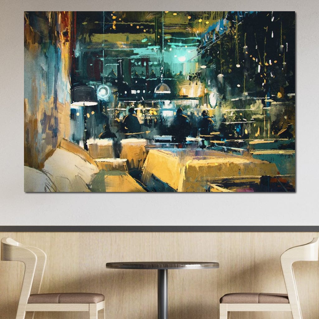 tablou canvas cu interiorul unui restaurant luminat spectaculos pe timp de noapte, pictat in nuante calde si reci