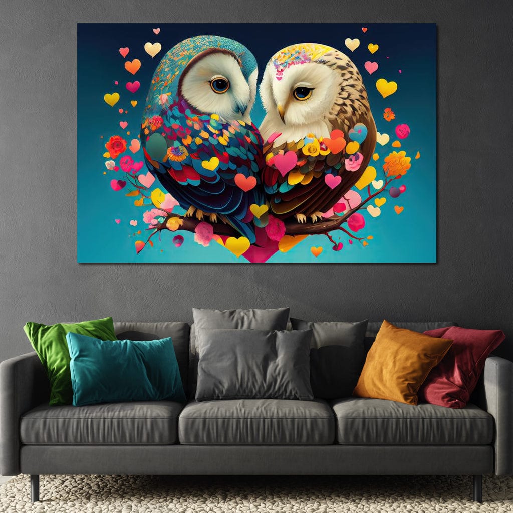 Tablou Canvas Premium LuxCanva® E1022, Bufnitele Iubirii, Bufnite, Conexiune, Iubire, Armonie, Inimi, Living Room, Culori vibrante