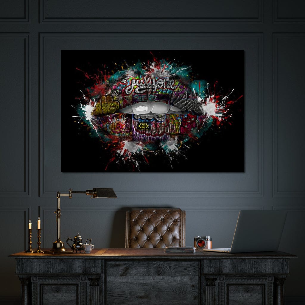 Tablou Canvas Premium LuxCanva® E1043, Sarut Romantic, Pop Art, Urban, Expresivitate, Pasiune, Buze, Alb, Living Room, Culori vibrante