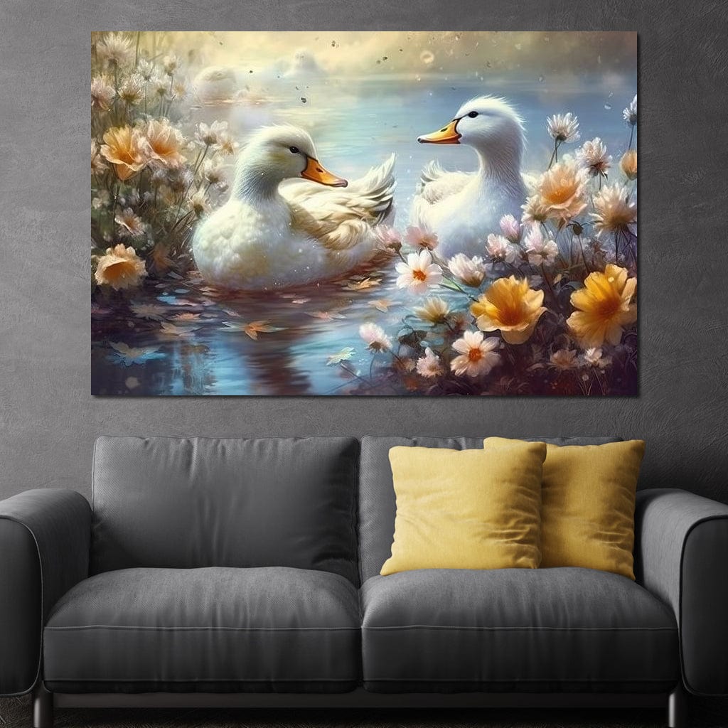 tablou canvas cu doua ratuste plutind pe lac, inconjurate de flori colorate