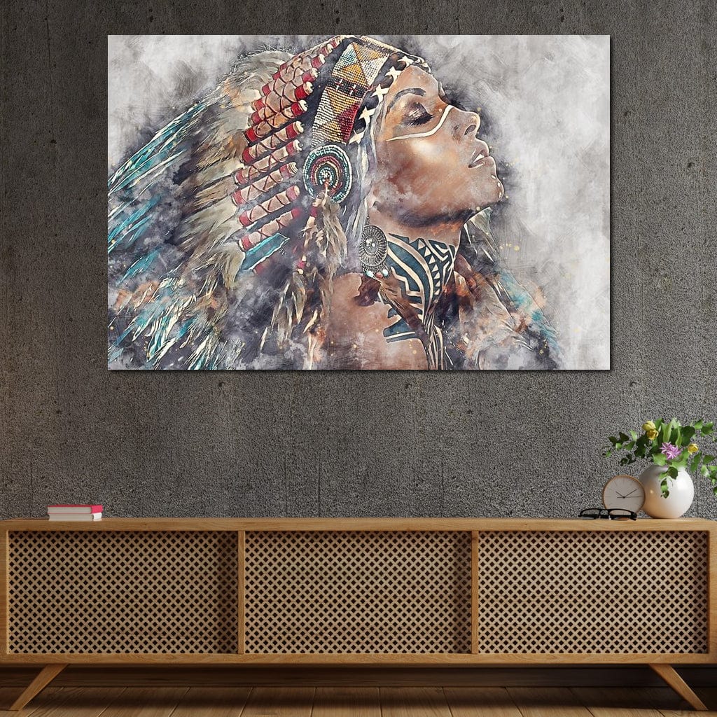 Tablou Canvas Premium LuxCanva® G1006, Suflet de Razboinica , Forta, Curaj, Tribal, Misticism, Pene, Salbatica, Femeie, Living, Dormitor, Culori vibrante