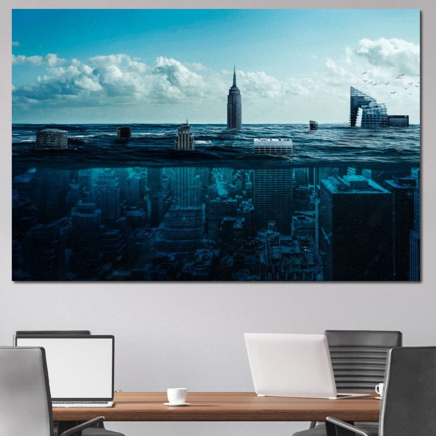 Tablou Canvas Premium, LuxCanva® O1060, Scufundarea Metropolei, Oras, Inecat, Ocean, Adancuri, Colaps, Valuri, Ruina, Eternitate, Abis, Fragil, Apus, New York, Cladiri, Ocean, Birou, Living, Dormitor