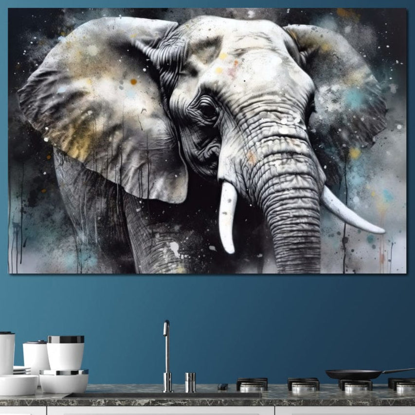 Tablou Canvas Premium, LuxCanva® M1313, Pulbere de Univers, Elefant, Artistic, Profil, Pictura, Colti, Grafit, Cenusiu, Abstract, Realist, Animal, Salbatic, Birou, Living, Camera Copil