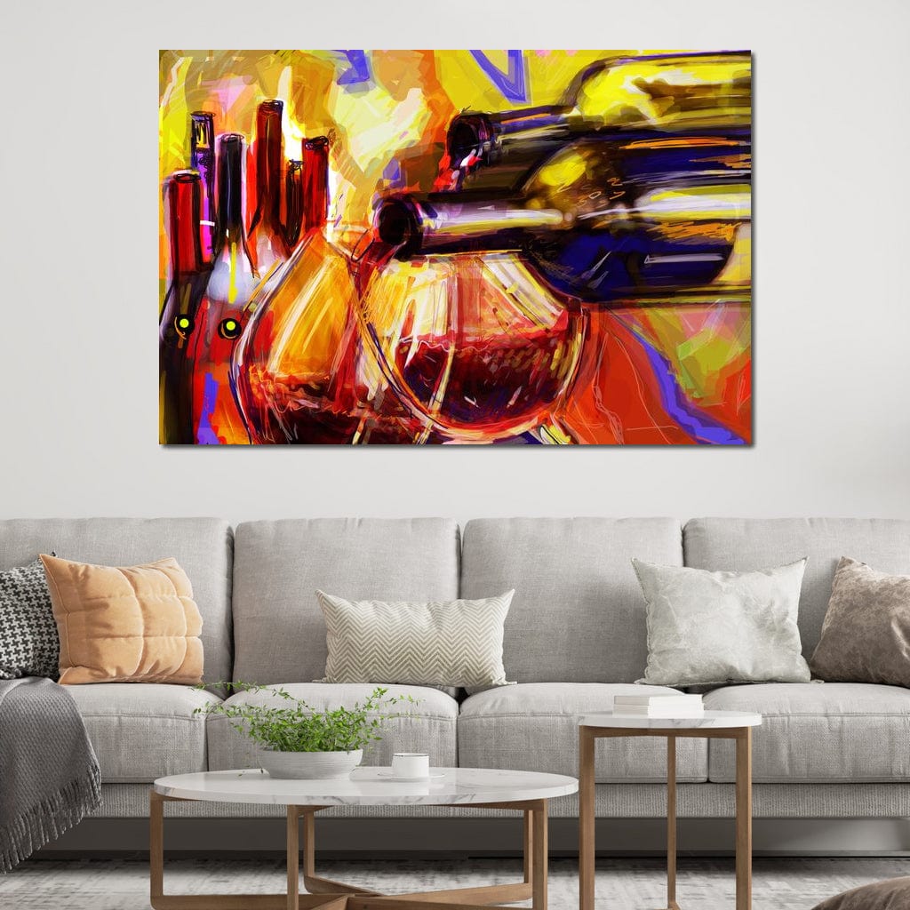 tablou canvas cu sticle de vin si pahare cu vin rosu, pictate multicolor in stil abstract 