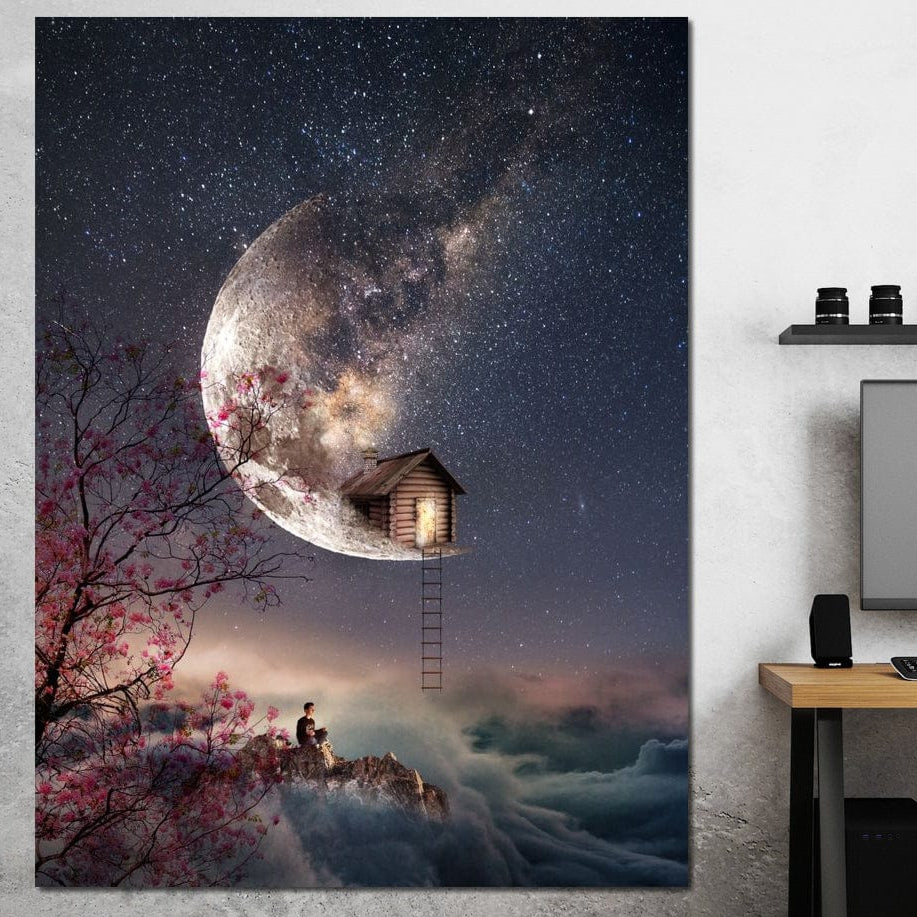 Tablou Canvas Premium, LuxCanva® K1016, Casa de pe Luna, Astru, Noapte, Instelata, Scari, Cer, Stele, Vise, Nocturn, Peisaj, Poveste, Cosmos, Magie, Taram, Senin, Camera Copii