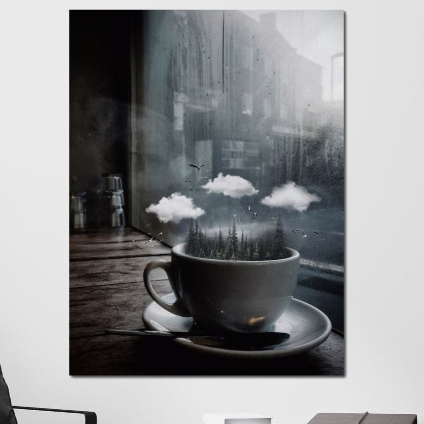 tablou canvas cu o ceasca cu copaci inalti, nori albi si pasari in zbor, la fereastra unei taverne 