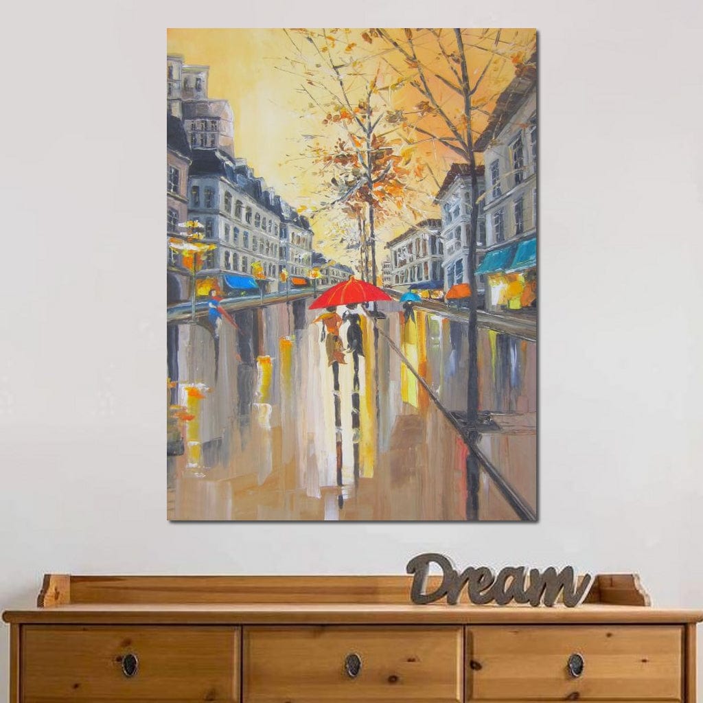 Tablou Canvas Premium LuxCanva® E1029, Toamna Pariziana, Ploaie, Oras, Toamna, Umbrela, Serenitate, Living Room, Culori vibrante