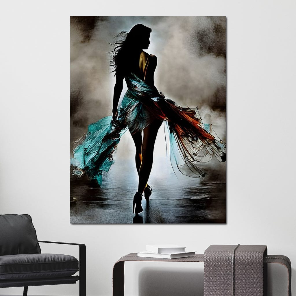 Tablou Canvas Premium, LuxCanva® G1205, Pasi peste Oglinda, Silueta, Pdium, Moda, Manechin, Oniric, Rochie, Voal, Fluiditate, Reflexii, Scenic, Pasi, Tocuri, Birou, Living, Dormitor