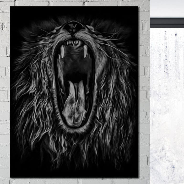 tablou canvas cu un raget de leu redat in nuante de alb si negru