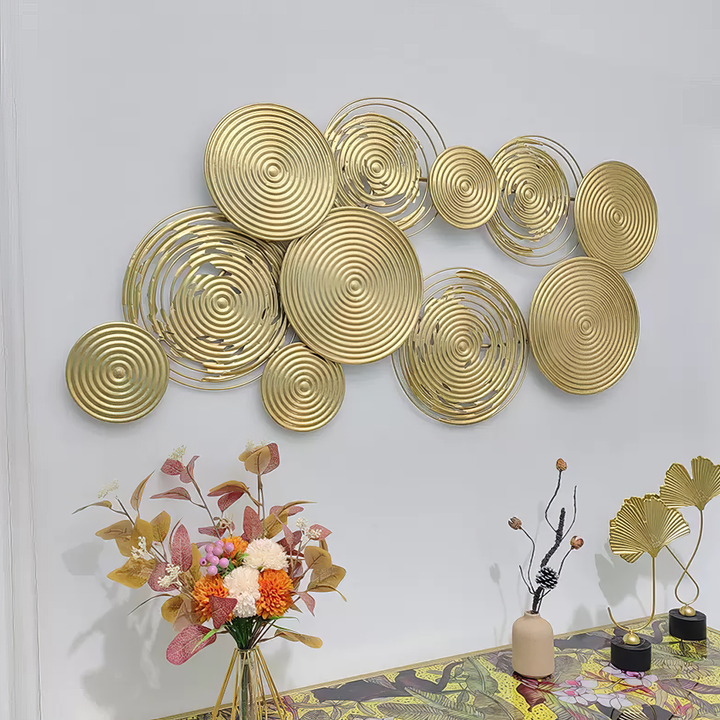 Tablou canvas cu decoratiune metalica de perete cu cercuri aurii