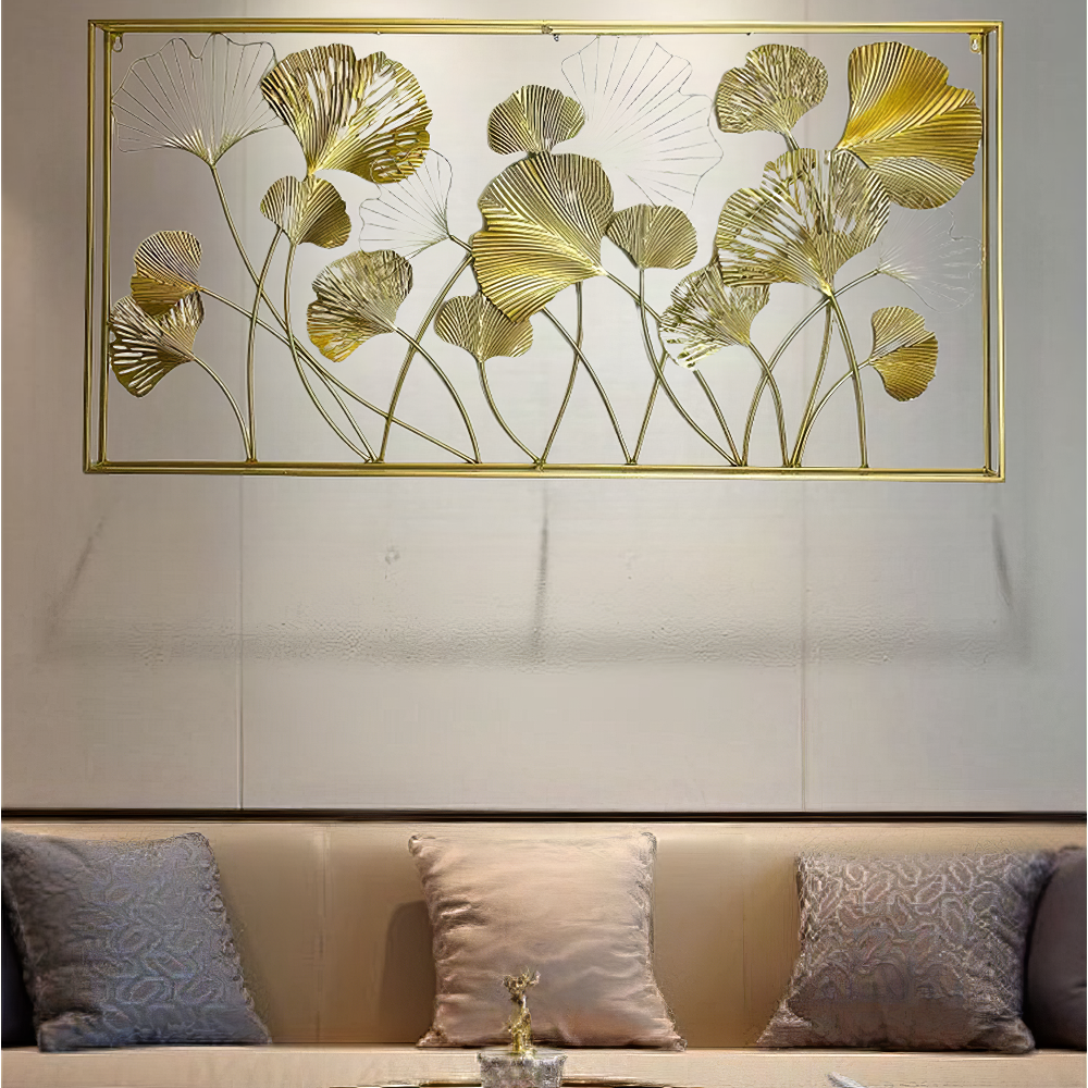 Decoratiune Metalica de Perete LuxCanva® GinkgoAura A0823, din Metal, Orizontala, Auriu, Dimensiune Mare 125 x 60 cm