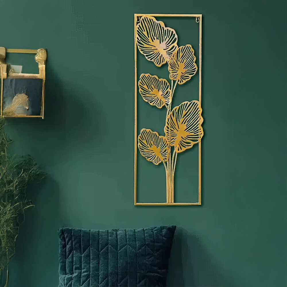 Decoratiune Metalica de Perete LuxCanva® Golden Leafs Contour A2923L, din Metal, Verticala, Auriu, Dimensiune Mare 30 × 85 × 3.5 cm