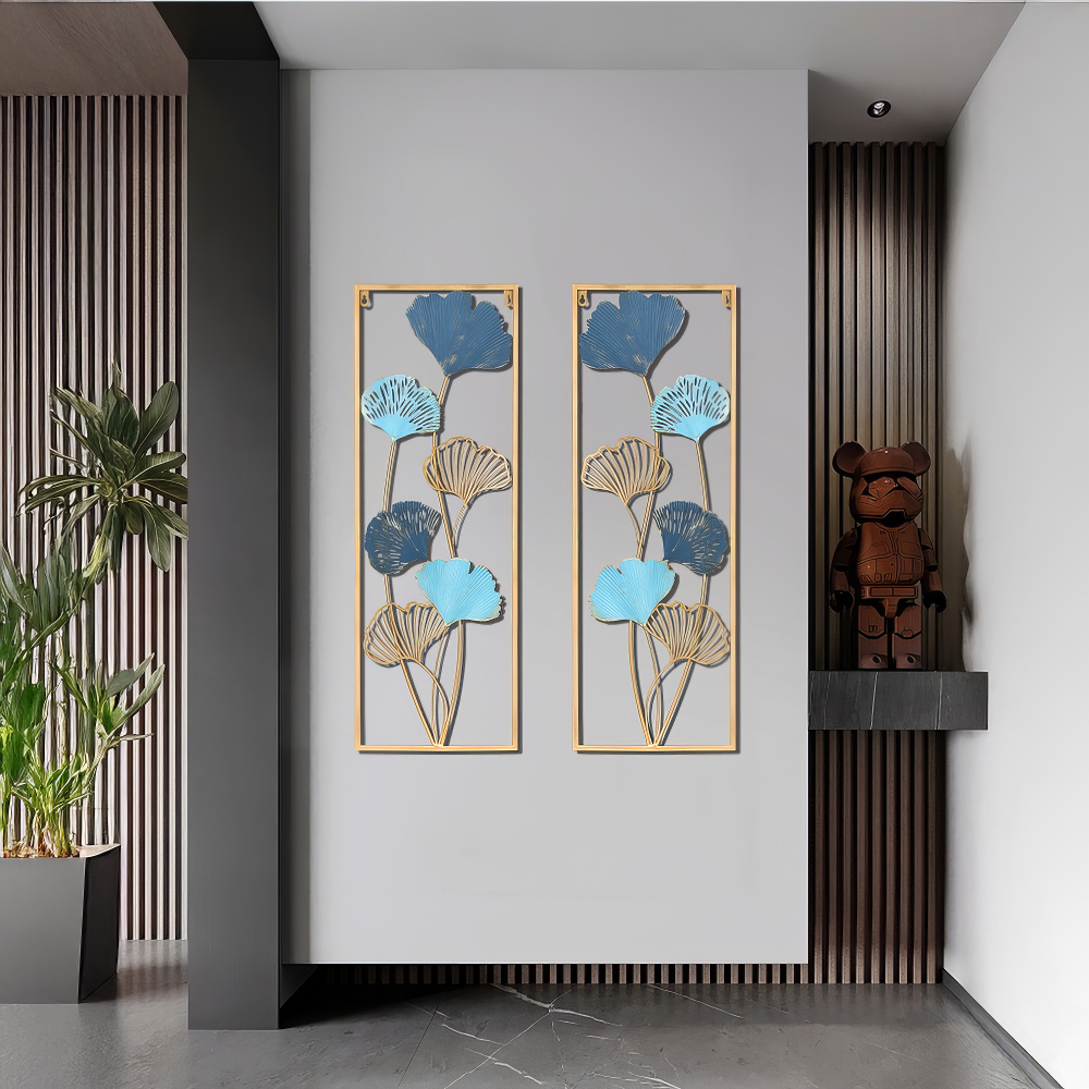 Decoratiune Metalica de Perete LuxCanva® Blue Petal Contour A2926R, din Metal, Verticala, Auriu, Bleu, Gri Petrol, Dimensiune Mare 30 × 85 × 2 cm