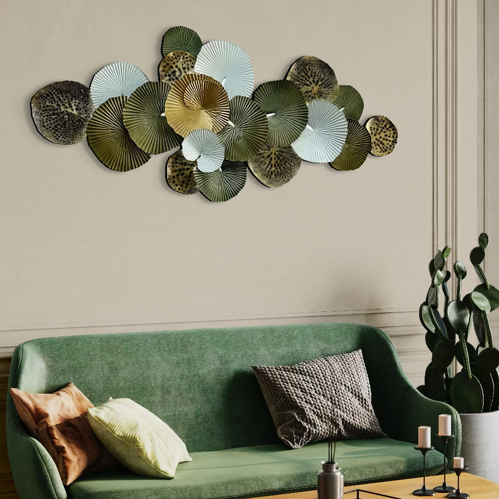 Decoratiune Metalica de Perete LuxCanva® Green Serenity A2508, din Metal, Orizontala, Verde Salvie, Auriu, Dimensiune Mare 165 x 77 cm