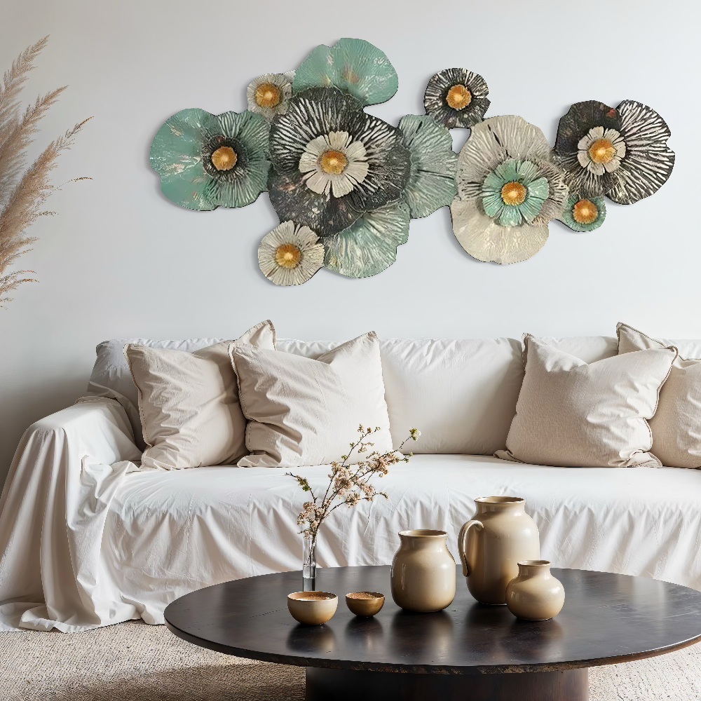 Decoratiune Metalica de Perete LuxCanva® FloraHarmony A0662, din Metal, Orizontala, Auriu, Alb, Negru, Verde, Dimensiune Mare 159 × 74 x 11 cm