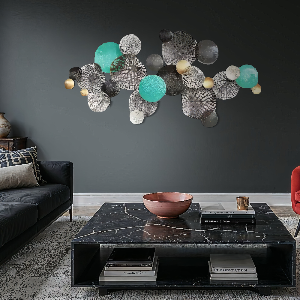 Decoratiune Metalica de Perete LuxCanva® Circle Wall Art A2027, din Metal, Orizontal, Turquoise, Gold, Silver, Dimensiune Mare 133 x 68 cm