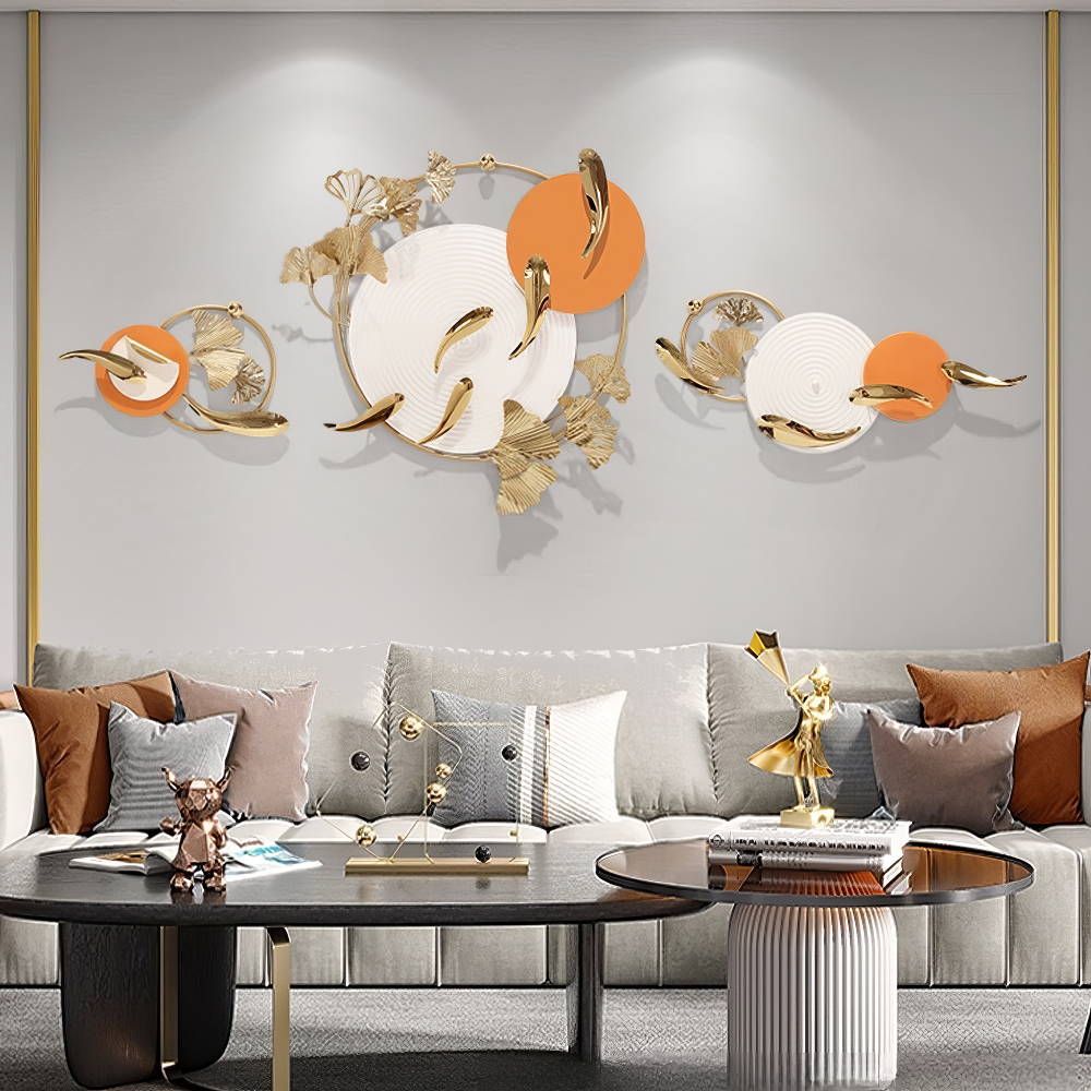 Decoratiune Metalica de Perete LuxCanva® Sun Aura A2556, din Metal, Orizontala, Alb, Auriu si Portocaliu, Dimensiune Mare 200 x 65 cm