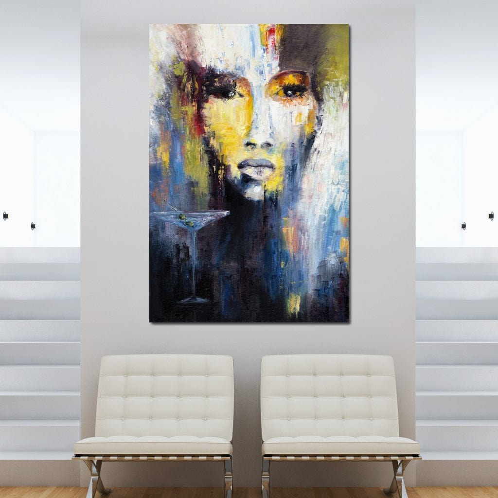 Tablou Canvas Premium, LuxCanva® G1084, Femeia cu Martini, Bautura, Pahar, Retaurant, Cocktail, Enigmatica, Abstract, Petrecere, Living, Dormitor