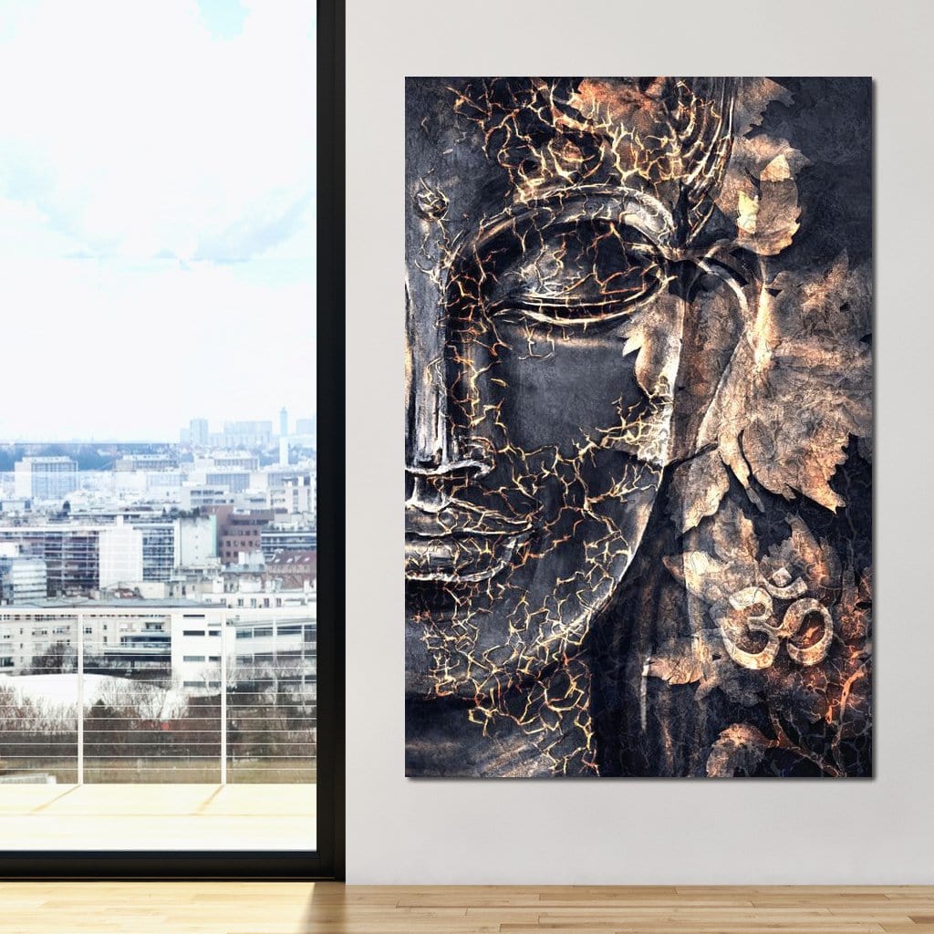 Tablou Canvas Premium LuxCanva® I118, Sub Pielea Timpului, Buddha, Vibratia OM, Constiinta, Spiritualitate, Crapaturi, Frunze, Foc Sacru, Contemplare