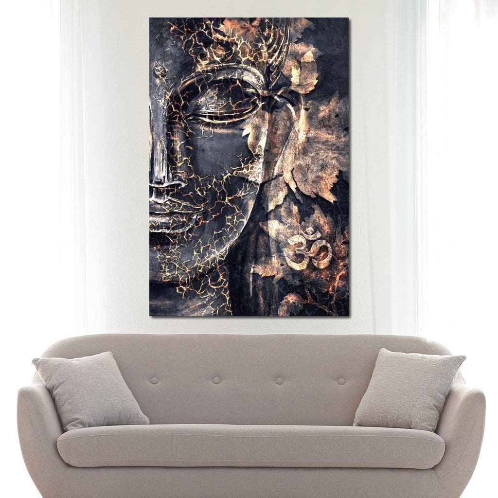 Tablou Canvas Premium LuxCanva® I118, Sub Pielea Timpului, Buddha, Vibratia OM, Constiinta, Spiritualitate, Crapaturi, Frunze, Foc Sacru, Contemplare