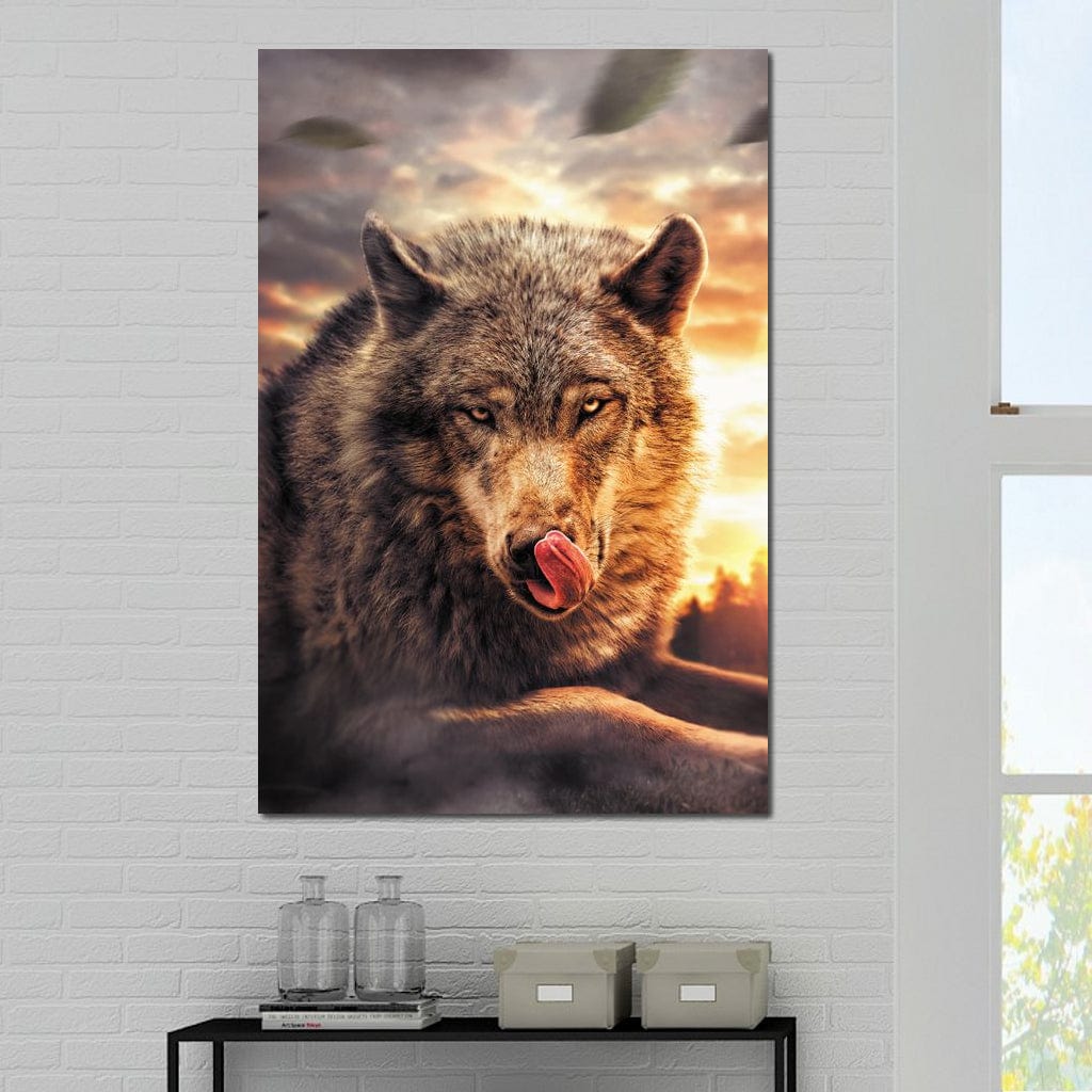 tablou canvas cu un lup in peisaj cu apus de soare