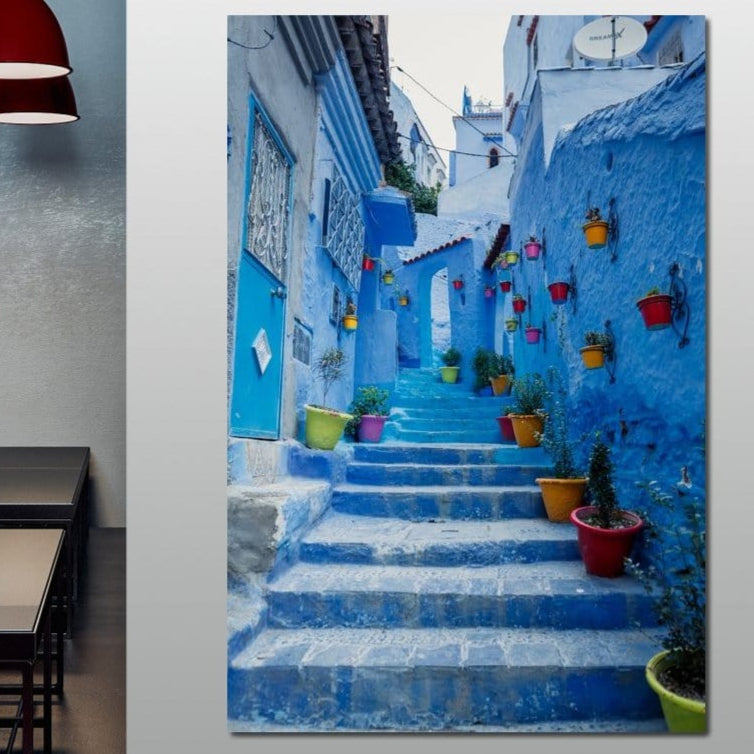 Tablou Canvas Premium, LuxCanva® O1007, Orasul Albastru, Maroc, Traditional, Casa, Albastru, Ghiveci, Colorat, Exotic, Cultura, Destinatie, Turistic, Istorie, Boem, Escapada, Birou, Living, Dormitor