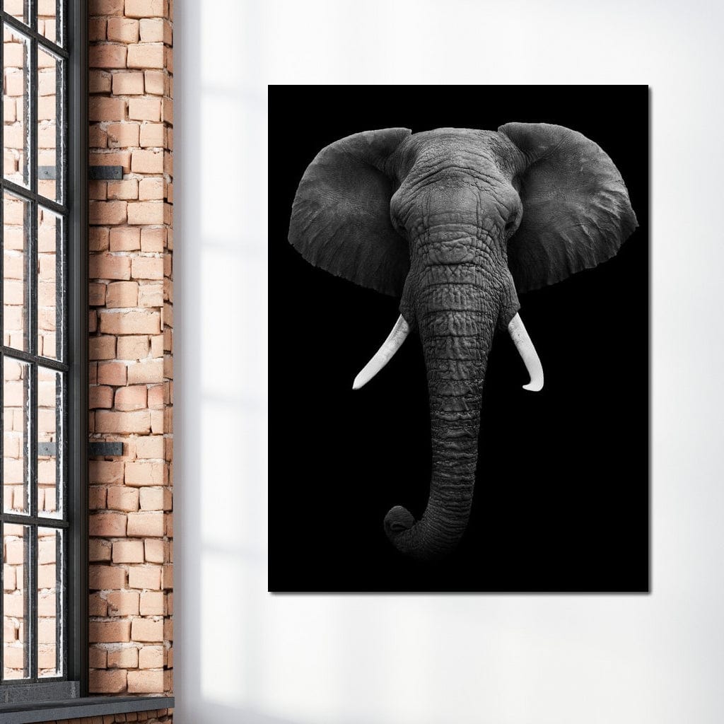Tablou Canvas Premium, LuxCanva® M1310, Axa Puterii, Alb si Negru, Portret, Impunator, Realist, Elefant, Colti, Trompa, Animal, Simplitate, Vertical, Birou, Living, Camera Copil