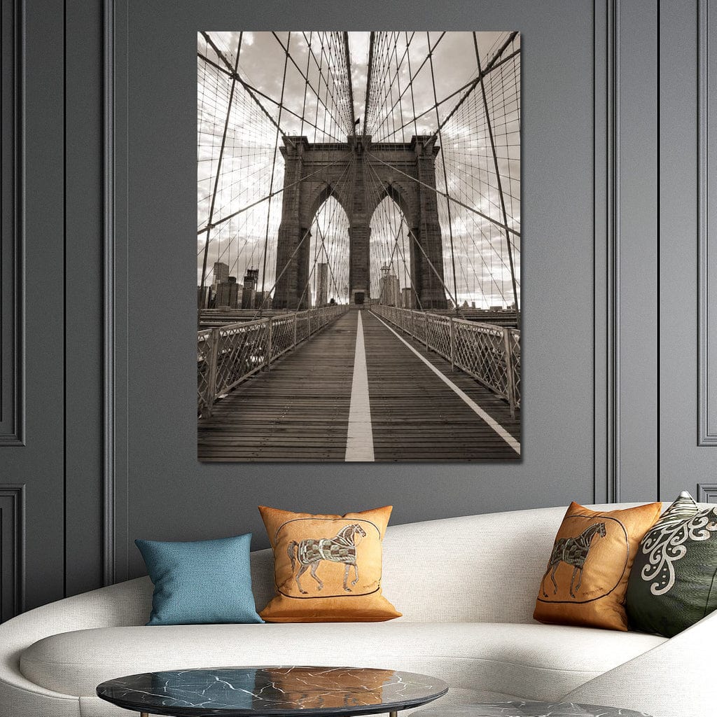 Tablou Canvas Premium, LuxCanva® O1011, Podul dintre Lumi, Otel, Cabluri, Arc, Timp, Drum, Destin, Brooklin, New York, Arhitectura, Monocrom, Fotografic, Metropola, Punte, Birou, Living,