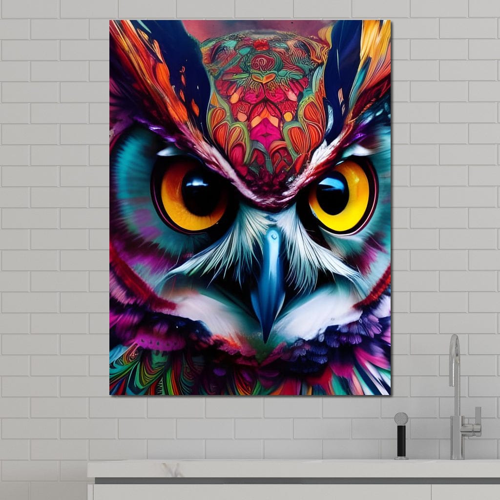 tablou canvas cu o bufnita tribala in culori vibrante redate in stil abstract