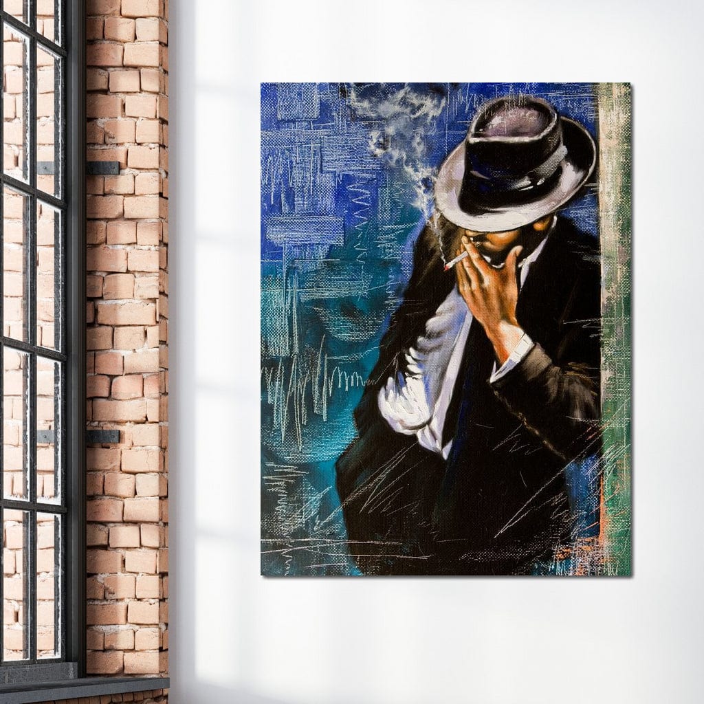Tablou Canvas Premium LuxCanva® E1049, Barbatul din Umbra, Elegant, Masculinitate, Enigma, Tigara, Intriga, Living Room, Culori vibrante
