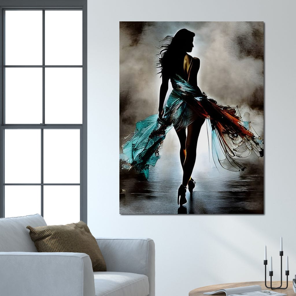 Tablou Canvas Premium, LuxCanva® G1205, Pasi peste Oglinda, Silueta, Pdium, Moda, Manechin, Oniric, Rochie, Voal, Fluiditate, Reflexii, Scenic, Pasi, Tocuri, Birou, Living, Dormitor