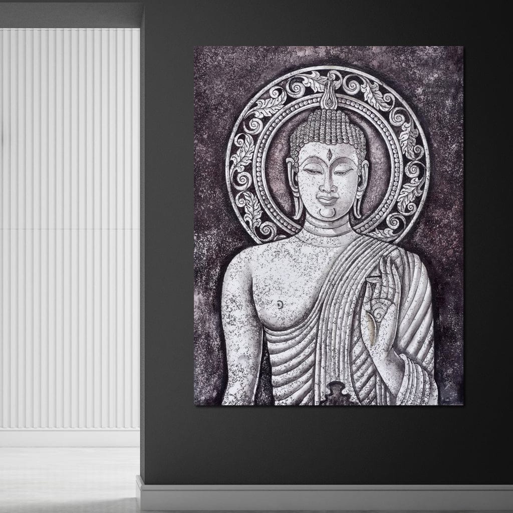 Tablou Canvas Premium LuxCanva® I103, Serenitate in Alb si Negru, Buddha, Zen, Meditatie, Spiritualitate, Liniste, Armonie, Echilibru, Iluminare, Living, Dormitor