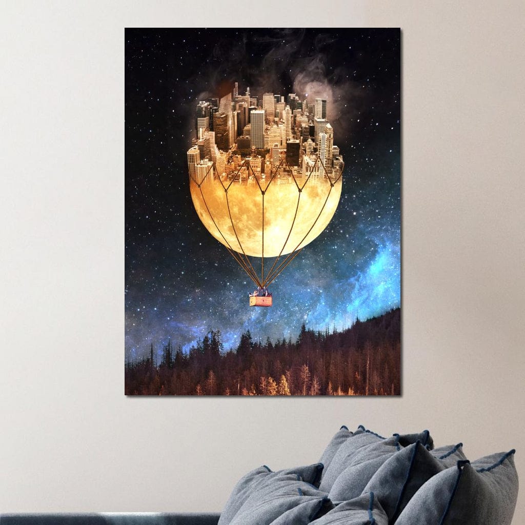 Tablou Canvas Premium, LuxCanva® O1016, Orasul care Zboara, Luna, Balon, Cosmic, Visare, Fantastic, Stele, Cer, Plutire, Suspendat, Univers, Oniric, Imaginar, Calatorie, Case, Birou, Living, Dormitor