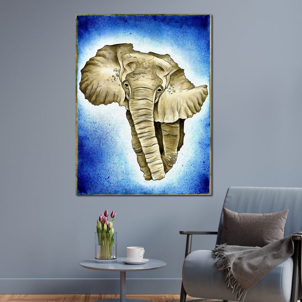 tablou canvas cu un elefant african pe fundal albastru