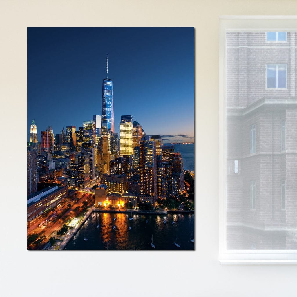 Tablou Canvas Premium, LuxCanva® O1058, Fantasticul Manhattan, Metropola, Lumini, Noapte, Sticla, Modernism, Vibratie, Skyline, Orizont, Apus, Stele, Cer, Infinit, Otel, Apa, Birou, Living, Dormitor