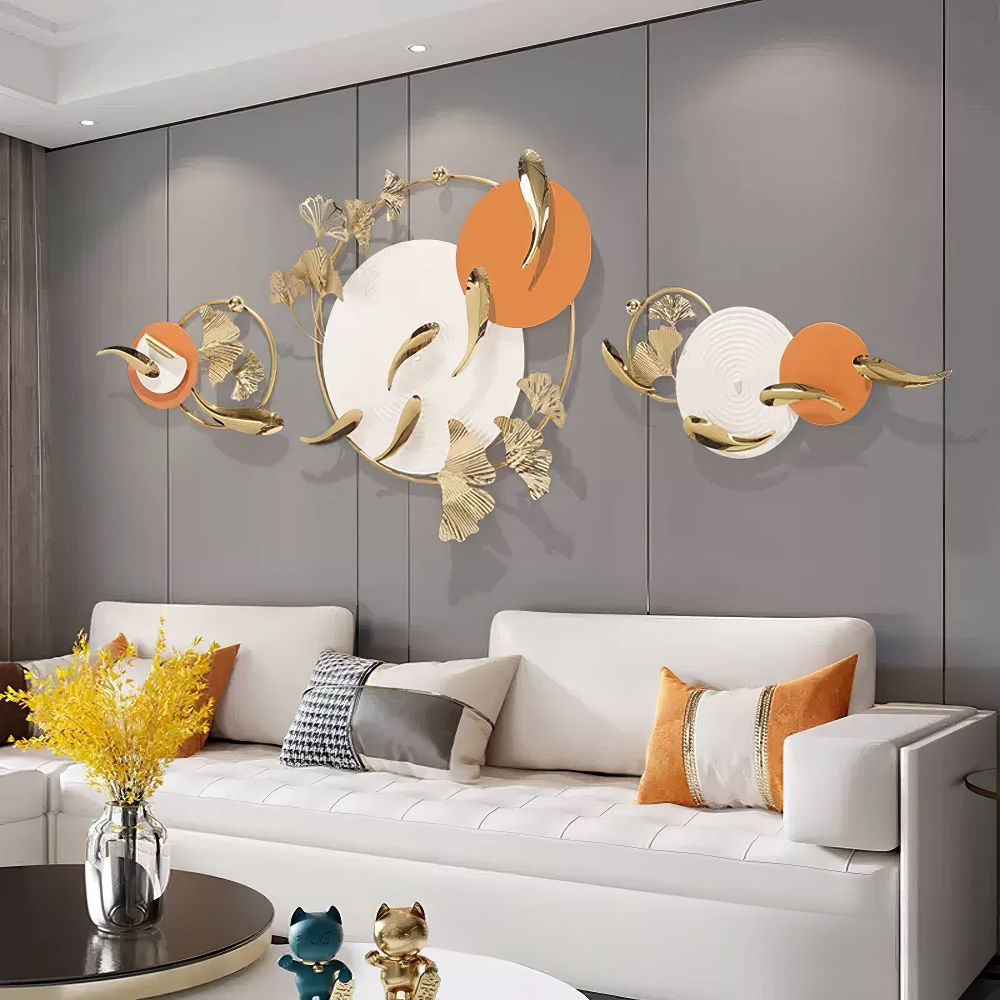 Decoratiune Metalica de Perete LuxCanva® Sun Aura A2556, din Metal, Orizontala, Alb, Auriu si Portocaliu, Dimensiune Mare 200 x 65 cm