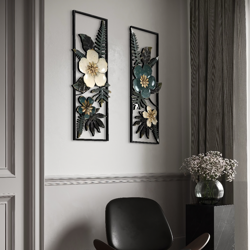 Set 2 Decoratiuni Metalice de Perete LuxCanva® Elisian Garden A2095, din Metal, Verticale, Verde, Alb, Auriu, Dimensiune Mare 31 × 89 cm